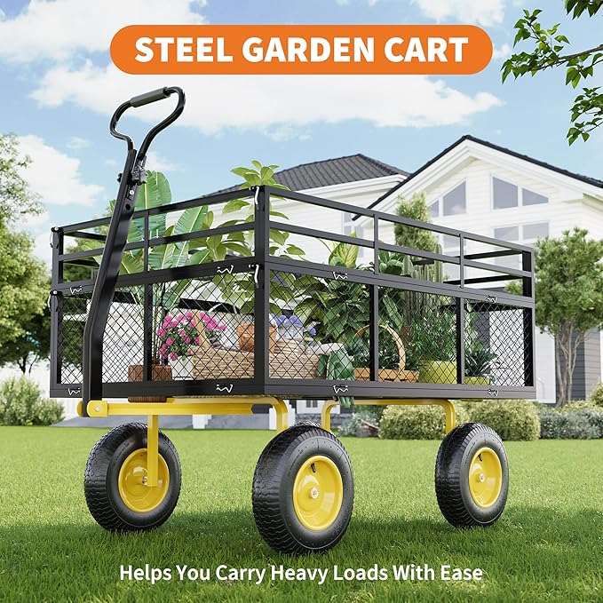 3-in-1 Heavy-Duty Steel Garden Cart, 1400 Lbs Garden Wagon, with 13 Inch All-Terrain Tires and Removable Mesh Side Panels, 180° Rotating Handle, Metal Utility Yard Trailer, Outdoor Gardens Wagon Cart