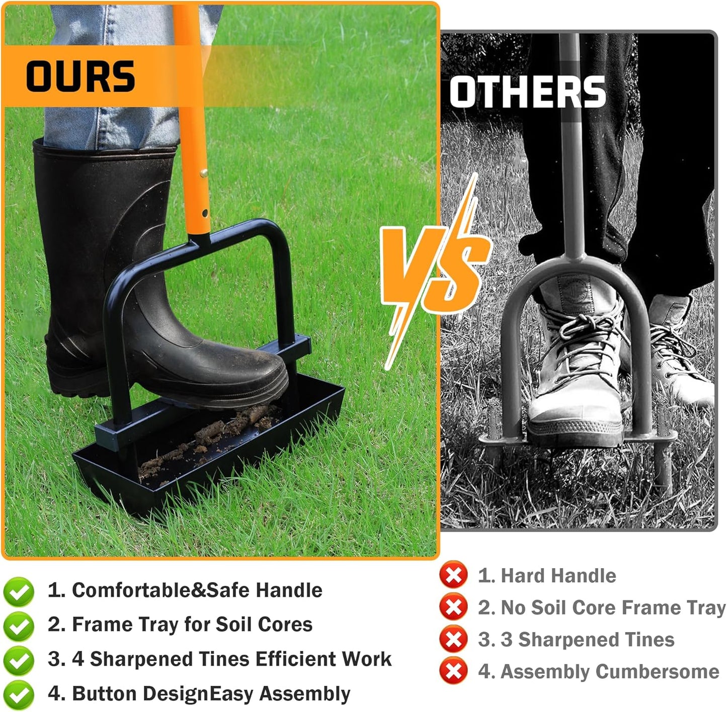 Lawn Aerator Coring Tool with Soil Core Collection Tray, 4 Tines Manual Yard Air Grass Aerator Gardening Tool for Lawn Care Courtyard,Orange(Updated Box)