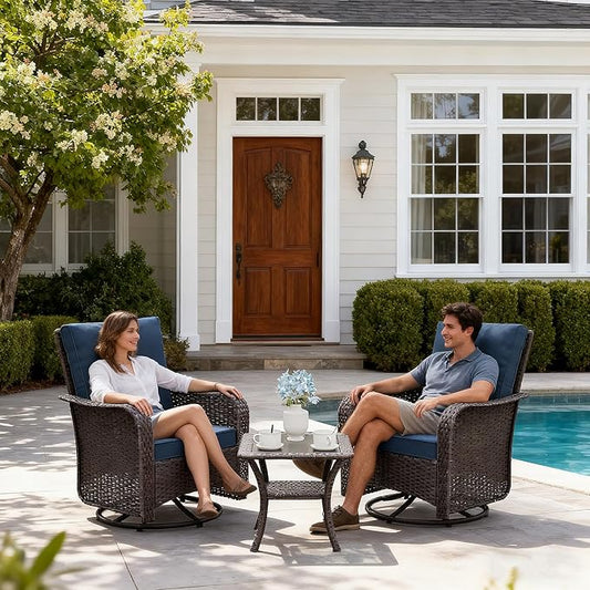 Gotland Outdoor Swivel Chairs Set of 2, 3 Pieces Patio Furniture Set with Thick Cushion, Wicker Rocking Patio Chairs Set of 2, Patio Bistro Set with Double-Layer Coffee Table for Balcony Porch Navy