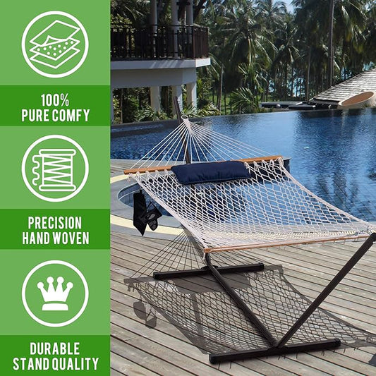 Lazy Daze Hammocks Double Rope Hammock with Stand Include, 12 Feet Traditional Cotton Rope with Pillow for Outside, Backyard, Patio, Garden, Blue Pillow
