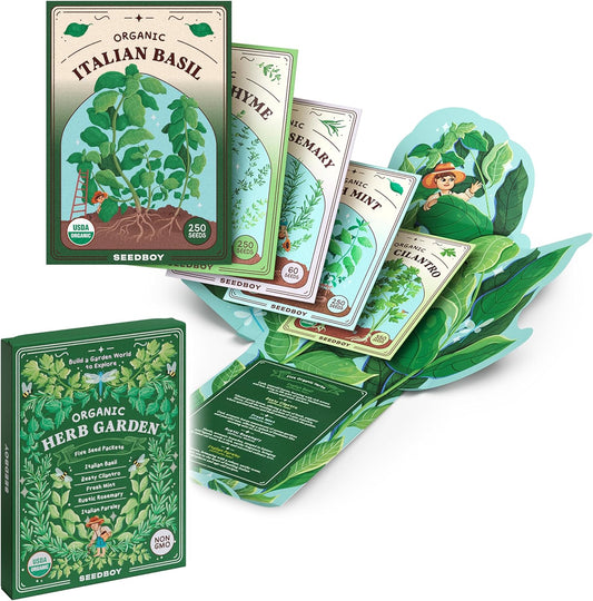 Seedboy Organic 5 Herb Variety Pack: Basil, Mint, Rosemary, Parsley, Cilantro for Planting Indoor and Outdoor, Non-GMO and USDA Certified Seed Packets (5 Herb Variety Pack)