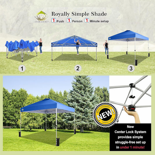 CROWN SHADES 10x10 Pop Up Canopy - Beach Tent with One Push Setup - Easy Outdoor Sun Shade for Events, Parties, Camping - Gazebo with STO-N-Go Cover Bag, Silver Coated Top, Blue
