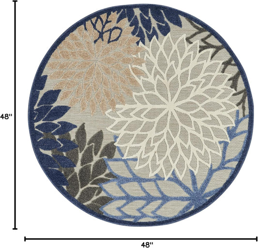 Nourison Aloha Indoor/Outdoor Blue/Multicolor 4' x Round Area Rug, Tropical, Botanical, Easy Cleaning, Non Shedding, Bed Room, Living Room, Dining Room, Deck, Backyard, Patio (4 Round)