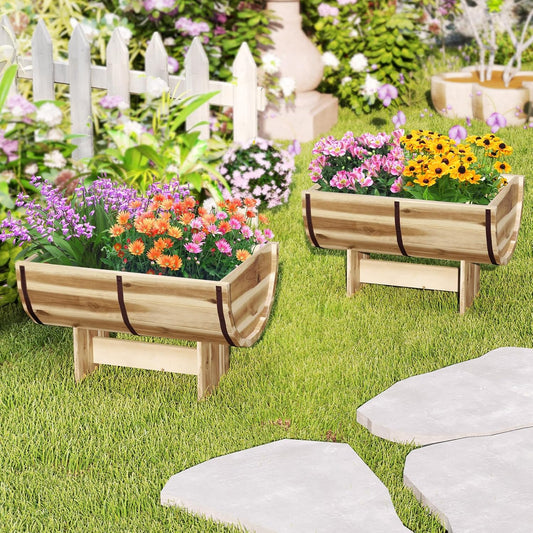 HAPPYGRILL Wooden Plant Pots, Solid Acacia Wood Half-Barrel Planting Flower Pot w/Legs, Drainage for Flower Vegetable Fruit, Outdoor Elevated Garden Bed, Decorative Planters for Indoor Plants (2)