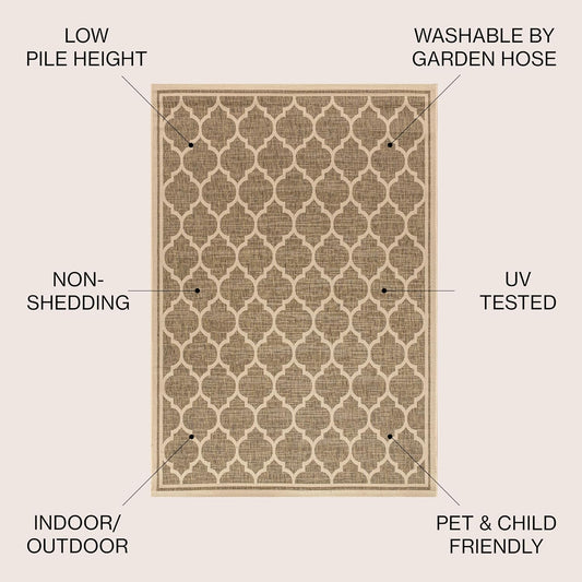 Eyely BMS109A-4SQ Santa Monica Trebol Moroccan Trellis Textured Weave, Pet Friendly, Non-Shedding, Stain Resistant, Easy-Cleaning, Brown/Beige, 4' Square, Indoor/Outdoor, Area Rug
