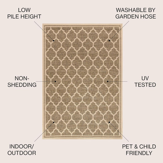 Eyely BMS109A-4R Santa Monica Trebol Moroccan Trellis Textured Weave, Pet Friendly, Non-Shedding, Stain Resistant, Easy-Cleaning, Brown/Beige, 4' Round, Indoor/Outdoor, Area Rug
