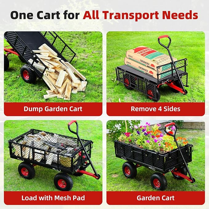 GarveeLife 880 LBS Steel Garden Dump Cart, Heavy Duty Yard Dump Utility Wagon w Removable Mesh Sides, Utility Metal Wagon w 180° Rotating Handle, 10 in Wheels Perfect for Garden, Farm, Yard