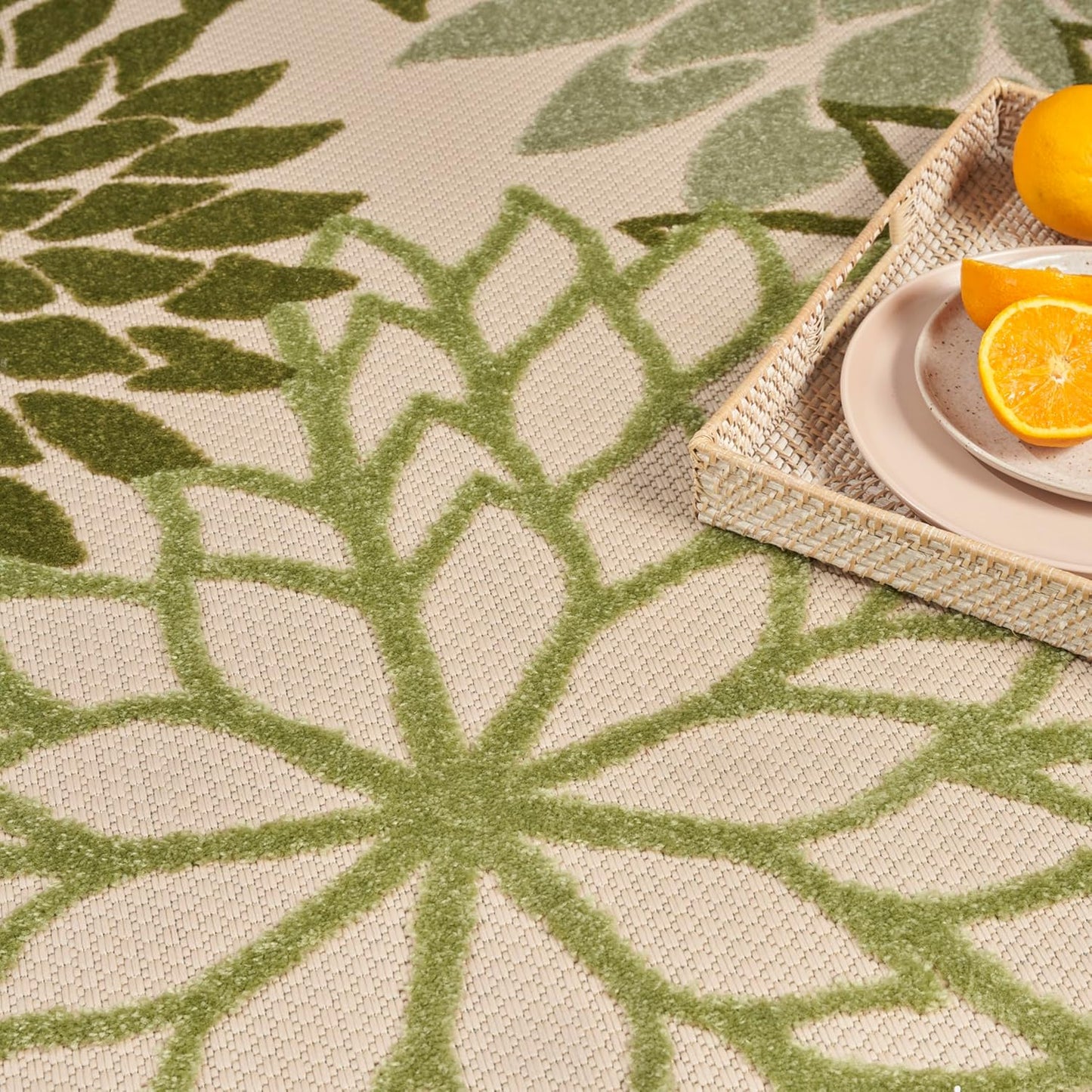 Nourison Home Aloha Indoor/Outdoor Ivory Green 7'10" x 10'6" Area Rug, Easy-Cleaning, Non Shedding, Bed Room, Living Room, Dining Room, Backyard, Patio, Deck (8x11)