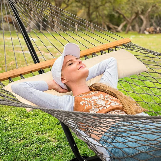 SUNCREAT Rope Hammock with Stand Included, Portable Double Hammock with Soft Pillow, Gray