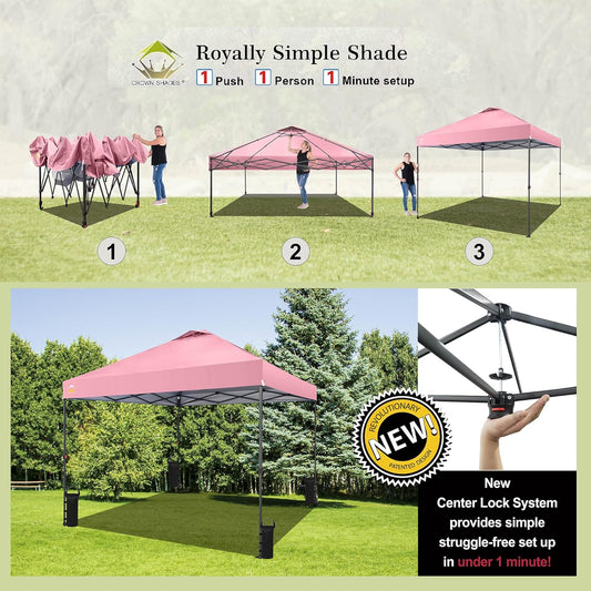 CROWN SHADES 10x10 Pop Up Canopy Tent - Patented Center Lock One Push Instant Outdoor Canopy Beach Tent with STO-N-Go Bag 8 Stakes & 4 Sand Bags,Pink