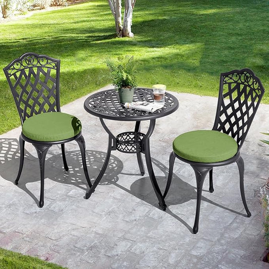 NUU GARDEN 3-Piece Patio Bistro Set Outdoor Cast Aluminum Bistro Table and Chairs Set of 2, Outdoor Patio Bistro Set with Umbrella Hole and Green Cushions for Patio Balcony, Black
