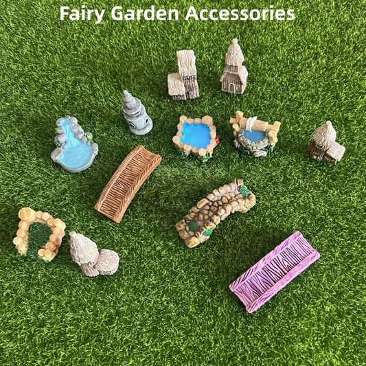 LONCESS Fairy Garden Accessories Miniature Tree House Bridge Mini Lighthouse Water Well Bridge Figurines Pond Lawn Ornament Figurines for DIY Craft Garden Decor,12 Peices