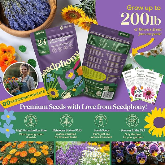 24 Gourmet Culinary Flower Seeds Variety Pack - 7,790+ Non-GMO Heirloom Flower Seeds for Planting Indoor & Outdoor Home Garden - Culinary Flowers Seed Packets for Planting Edible Flowers