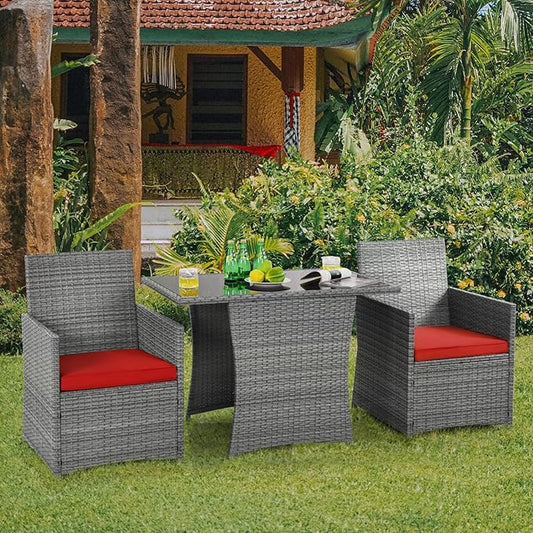 HAPPYGRILL 3 Piece Outdoor Wicker Bistro Set Space-Saving PE Rattan Dining Table Set with Cushioned Chairs, Patio Conversation Set for Backyard Porch Garden and Poolside