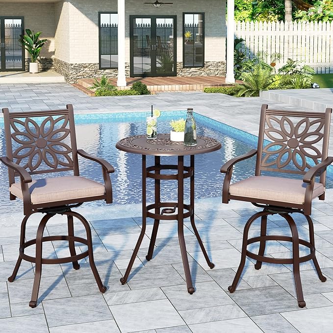 Sophia & William 3 Pieces Cast Aluminum Patio Bar Set, Round Outdoor Bar Table and 2 Swivel Bar Counter Height Chairs Set, Modern Patio Pub Bistro Set with Outdoor Stools