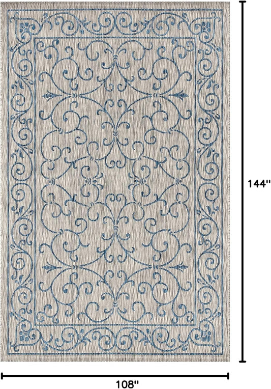 JONATHAN Y SMB106C-9 Charleston Vintage Filigree Textured Weave Indoor Outdoor Area Rug Classic Coastal Easy Cleaning Bedroom Kitchen Backyard Patio Non Shedding, 9 X 12, Gray/Navy