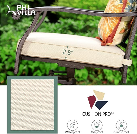 PHI VILLA 3 Pcs Cast Aluminum Patio Bistro Set, 2 Extra Wide Swivel Chairs with Cushion & 1 Square Bistro Dining Table with Umbrella Hole