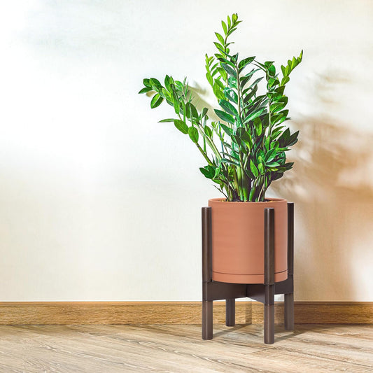 D'vine Dev Terracotta Planter with Walnut Color Stand - 8 Inch Modern Round Flower Pot with Wood Planter Holder, Terracotta, 55-B-Y-5