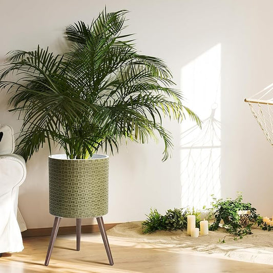 D'vine Dev 14 Inch Modern Geometric Tile Patterned Sleek Planter Pot with Stand, Indoor Outdoor Decorative Plant Holder, Distressed Olive, 88-Z-D-4