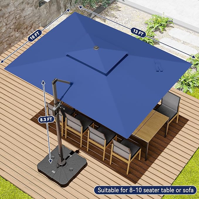 10x13 FT Cantilever Patio Umbrella with Base Included Double Top Outdoor Rectangular Large Heavy Duty Aluminum Offset Umbrellas with 7 Level Tilt 360-degree Rotation for Pool Garden Deck, Navy