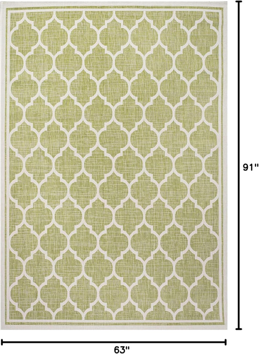 Eyely BMS109G-5 Santa Monica Trebol Moroccan Trellis Textured Weave Indoor/Outdoor Area Rug Coastal;Bohemian, Bedroom, Backyard, Patio, Easy-Cleaning, Non-Shedding, 5 X 8, Green/Cream