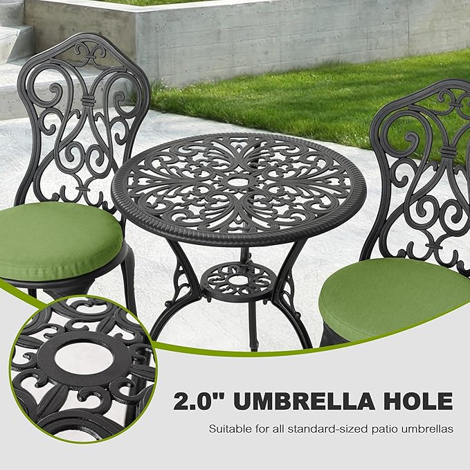 NUU GARDEN Patio 3-Piece Bistro Set with Cushions, Patio Chairs and Outdoor Round Table with Umbrella Hole, Cast Aluminum Patio Set for Lawn, Garden, Porch, Poolside, Black