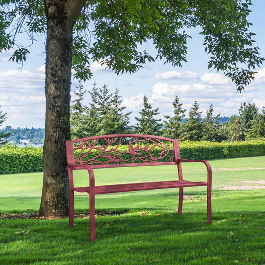 Yaheetech Outdoor Garden Bench Patio Furniture Chair Outdoor with Vintage Bird Pattern Backrest, Slatted Seat, Antique Metal Bench for Yard & Porch & Park, Red