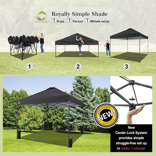 CROWN SHADES 10x10 Pop Up Canopy Tent - Patented Center Lock One Push Instant Outdoor Canopy Beach Tent with STO-N-Go Bag 8 Stakes & 4 Sand Bags,Black