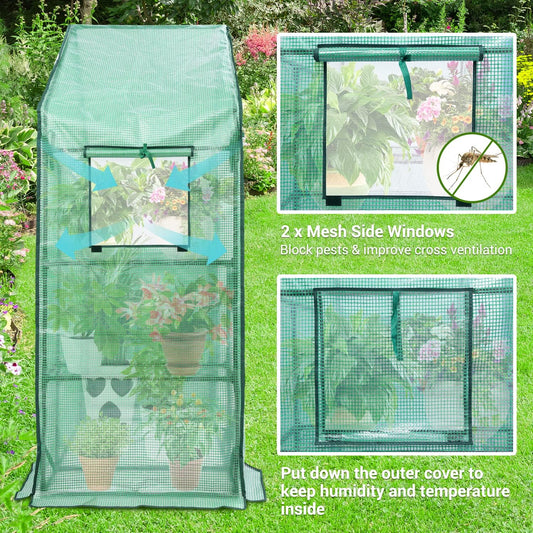 Ohuhu Greenhouse for Outdoors with Mesh Side Windows, 3 Tiers 4 Shelves Small Walk-In Green House Plant Stands Plastic PE Cover Outside Portable Warm House for Seedling Flowers Growing, 4.8x2.5x6.4 FT