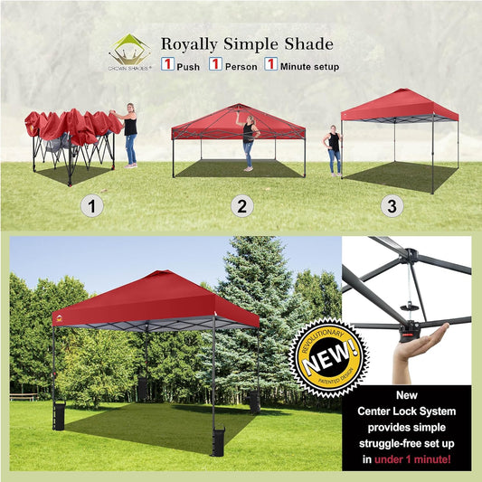 CROWN SHADES 10x10 Pop Up Canopy Tent - Patented Center Lock One Push Instant Outdoor Canopy Beach Tent with STO-N-Go Bag 8 Stakes & 4 Sand Bags,Red