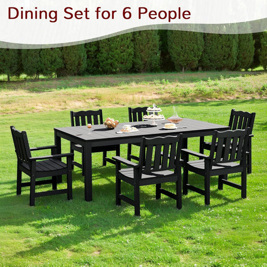 Stoog 7 Pieces Patio Dining Sets, All-Weather HIPS & Aluminum Outdoor Dining Table with Umbrella Hole, Patio Furniture Set Include 1 Table and 6 Chairs, for Backyard, Garden and Deck, Black