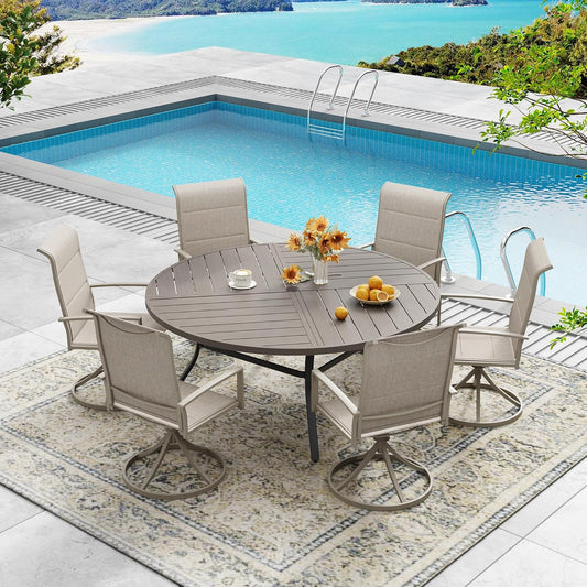 DIFY 53.1" Round Outdoor Patio Dining Table for 6-8, All-Weather Metal Steel Slatted Patio Table with 1.57" Adjustable Umbrella Hole, for Lawn Garden Porch Backyard, Grey Wood-Like