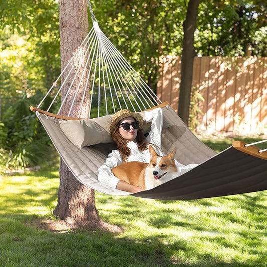 Double Hammock, 11 FT Quilted Fabric 2 Person Hammock for Outside with Pillow, Folding Curved Spreader Bar, Chains, Carrying Bag, Indoor Outdoor, 450 IB Capacity, BlanchedAlmond