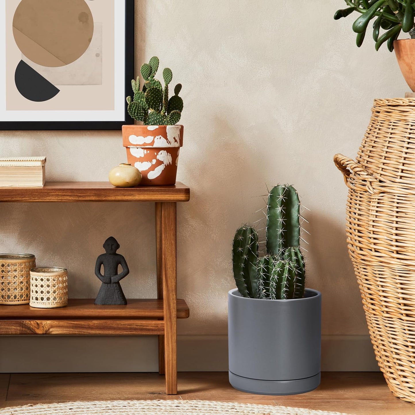 D'vine Dev 6 Inch & 8 Inch & 10 Inch, Set of 3 Round Ceramic Planter Pot with Drainage Hole and Saucer, Grey, 94-T-L-3