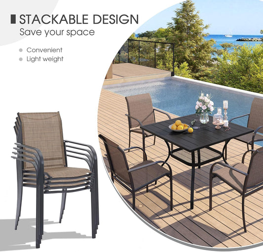 VICLLAX Patio Dining Set for 6, Outdoor Furniture Set Includes 47.2" Round Patio Table and 6 Patio Sling Chairs, Walnut Tabletop and Brown Fabric