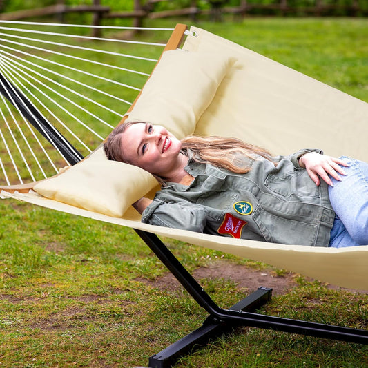 SUNCREAT Hammocks for Outside with Stand Included, Double Hammock with Curved Spreader Bar, Carrying Bag, Beige