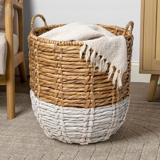 happimess BSK1003E Laurel 19.49" Bohemian Handwoven Abaca Hamper Basket with Handles, Seagrass Container for Decoration in Bedroom, Living Room, Laundry Room, Entryway, Natural, Natural/White
