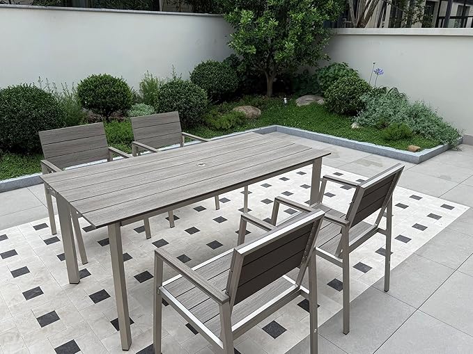 Outdoor Dining Set for 6, Patio Table and Chairs Set with Umbrella Hole, 7 Pieces HDPS Outdoor Furniture Sets for Patio, Garden, Backyard (Silver & Gray)