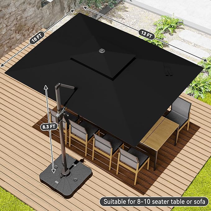 10x13 FT Cantilever Patio Umbrella with Base Included Double Top Outdoor Rectangular Large Heavy Duty Aluminum Offset Umbrellas with 7 Level Tilt 360-degree Rotation for Pool Garden Deck, Black