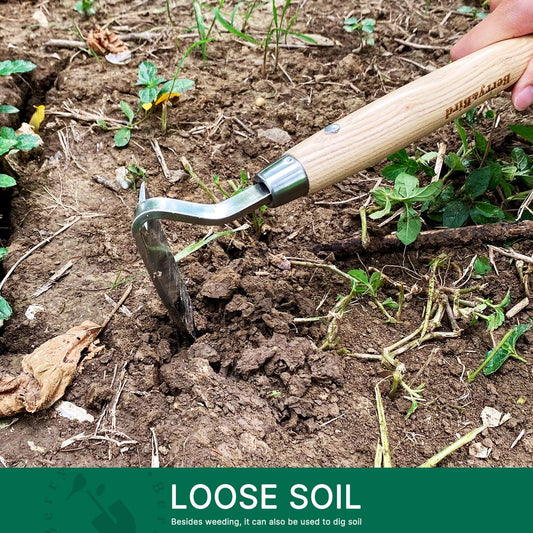 Berry&Bird Japanese Weeder-Scraper-Hoe, 12.67-Inch Gardening Sickle Hoe, Stainless Steel Bent Angle Weeding Sickle, Weeder Hoe with Ergonomic Ash Wood Handle for Weeding, Soil loosening, Digging