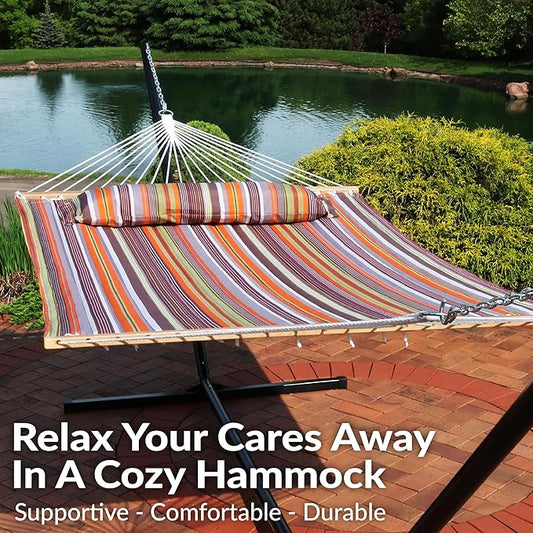 Sunnydaze Quilted Outdoor Hammock with Spreader Bars - Heavy-Duty 450-Pound Capacity Double Hammock for Outside - Canyon Sunset