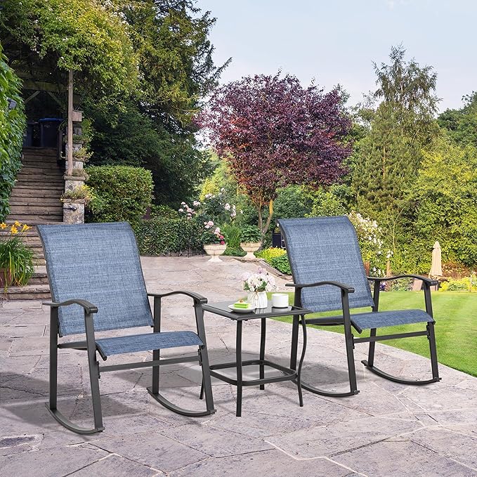 Shintenchi Rocking Chair Outdoor with Table, 3 Piece Rocking Patio Bistro Set, Outdoor Furniture Set with Metal Frame and Textilene Fabric for Small Space, Dark Blue