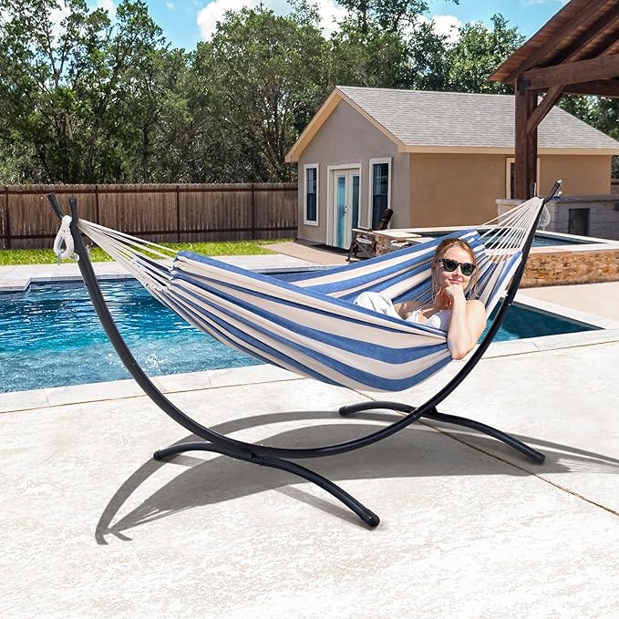 SUNCREAT Backyard Hammock with Frame, Hammock Frames for Outside, 475 lbs Capacity, Blue & White Stripes