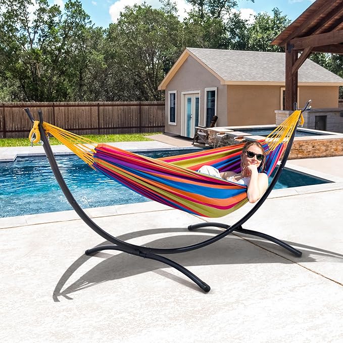 SUNCREAT Portable Large Hammock with Stand, Two Person Hammock with Stand Included, Rainbow Stripes