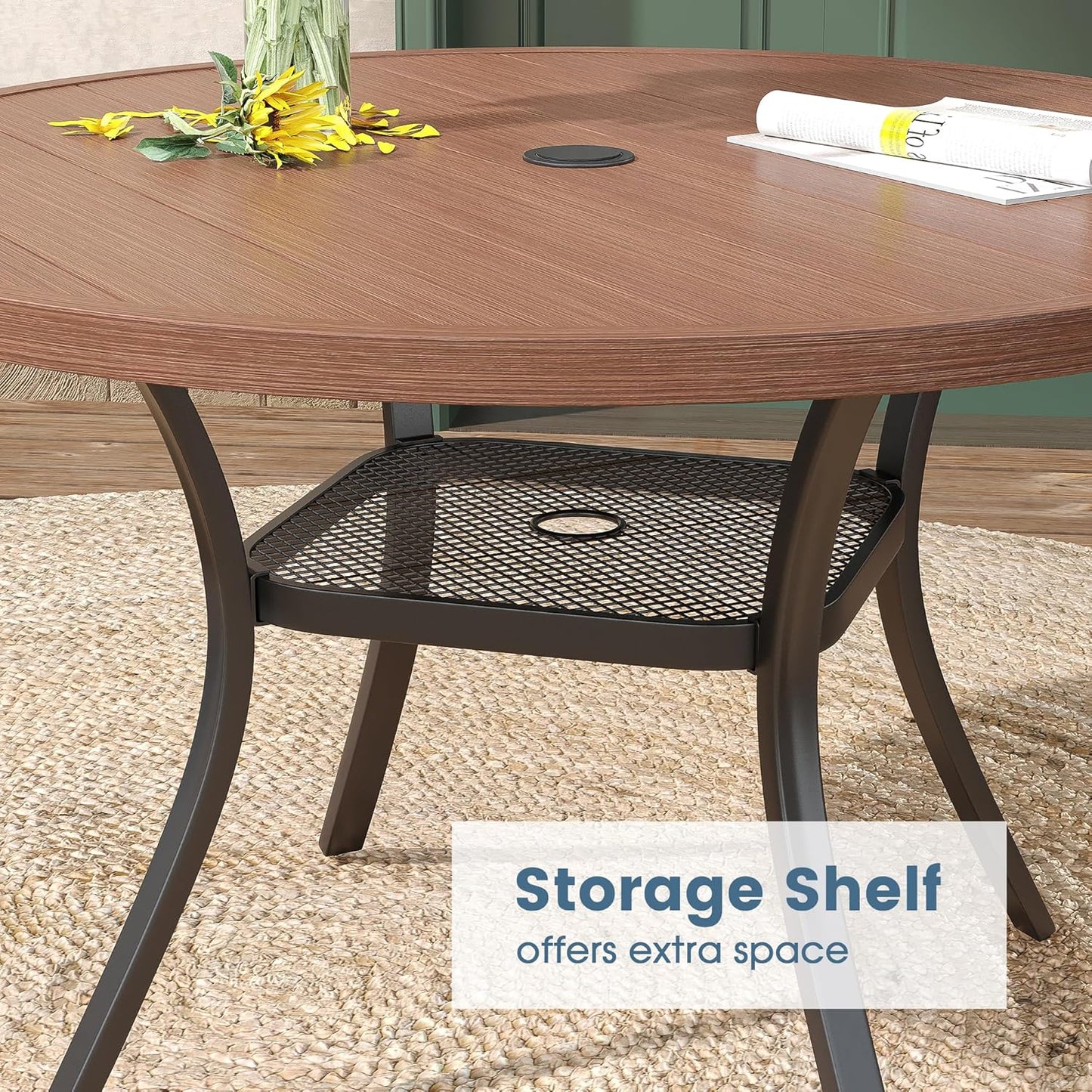 DIFY Outdoor Dining Table for 4 Person, 42"x 42" All Weather Round Patio Metal Table with 1.57" Umbrella Hole for Poolside Garden and Backyard, Walnut