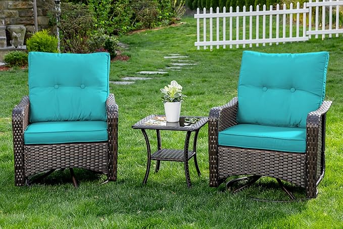Gotland Outdoor Swivel Chairs Set of 2, 3 Pieces Patio Furniture Set with Thick Cushion, Wicker Rocking Patio Chairs Set of 2, Patio Bistro Set with Double-Layer Coffee Table for Balcony Porch Blue