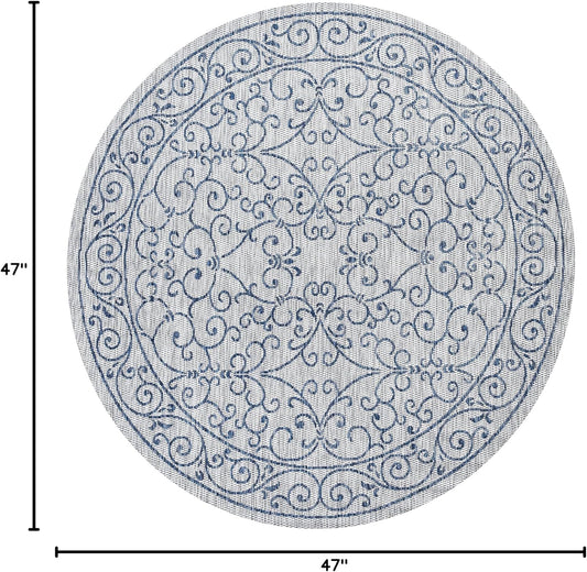 JONATHAN Y SMB106C-4R Charleston Vintage Filigree Textured Weave Gray/Navy 4' Round Indoor/Outdoor Area Rug, Pet Friendly, Non-Shedding, Stain Resistant, Easy-Cleaning for Backyard, Patio, Porch