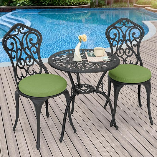 NUU GARDEN Patio 3-Piece Bistro Set with Cushions, Patio Chairs and Outdoor Round Table with Umbrella Hole, Cast Aluminum Patio Set for Lawn, Garden, Porch, Poolside, Black