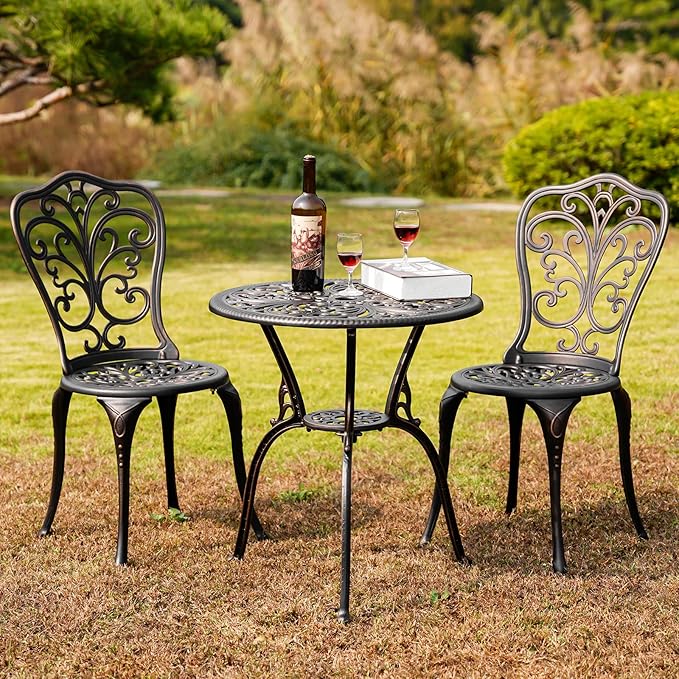 3 Piece Patio Set Outdoor Bistro Set,Cast Aluminum Bistro Table and Chairs Set of 2 with Umbrella Hole,All Weather Patio Bistro Sets for Front Porch Set Garden,Backyard(Brown)
