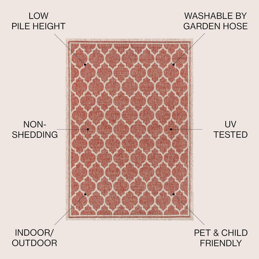Eyely BMS109C-4R Santa Monica Trebol Moroccan Trellis Textured Weave, Pet Friendly, Non-Shedding, Stain Resistant, Easy-Cleaning, Red/Beige, 4' Round, Indoor/Outdoor, Area Rug